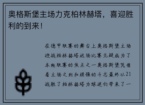 奥格斯堡主场力克柏林赫塔，喜迎胜利的到来！