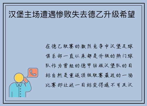 汉堡主场遭遇惨败失去德乙升级希望