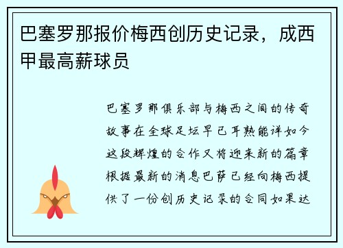 巴塞罗那报价梅西创历史记录，成西甲最高薪球员