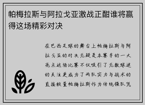 帕梅拉斯与阿拉戈亚激战正酣谁将赢得这场精彩对决