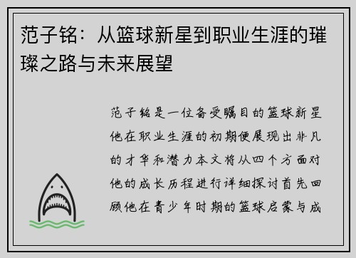范子铭：从篮球新星到职业生涯的璀璨之路与未来展望