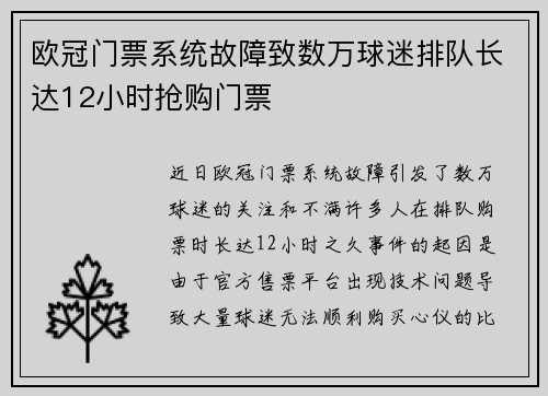 欧冠门票系统故障致数万球迷排队长达12小时抢购门票