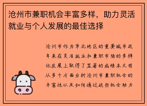 沧州市兼职机会丰富多样，助力灵活就业与个人发展的最佳选择